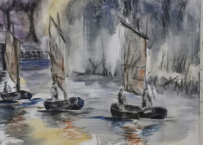 Aquarell: Segelboote auf einem Kanal im Nebel.