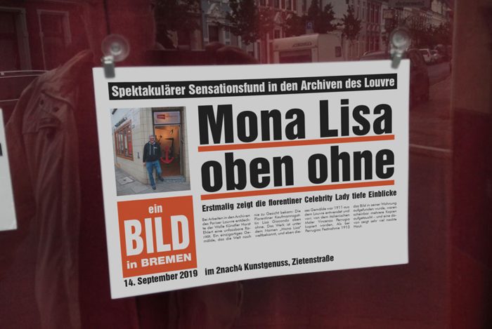 Mock-Boulevardzeitung „BILD in Bremen“ mit der Schlagzeile Mona Lisa oben ohne.