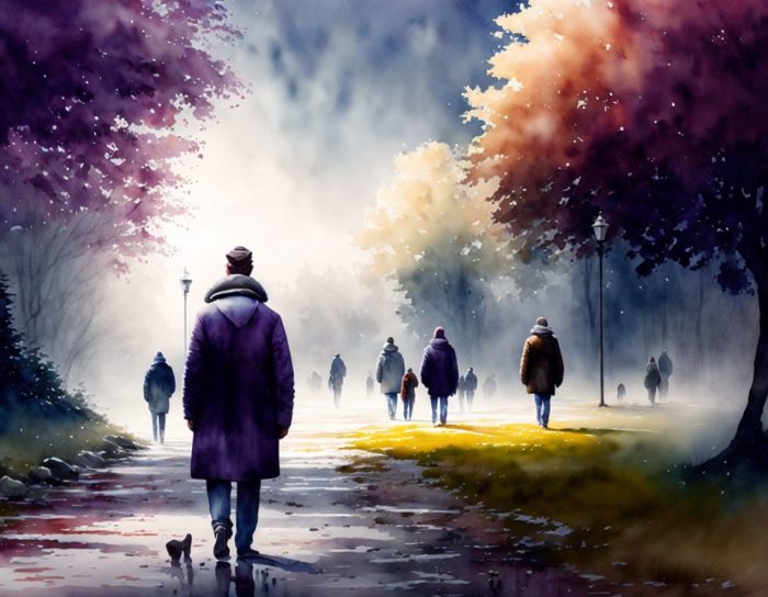 Aquarell eines Parkspaziergangs im Nebel, herbstliche Bäume.