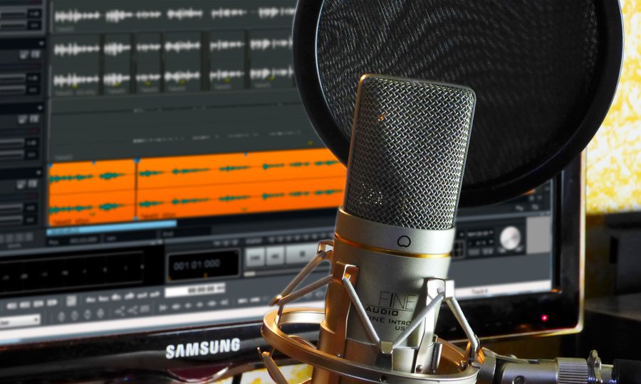 Mikrofon mit Popschutz vor einem Bildschirm mit Audio-Schnittsoftware.